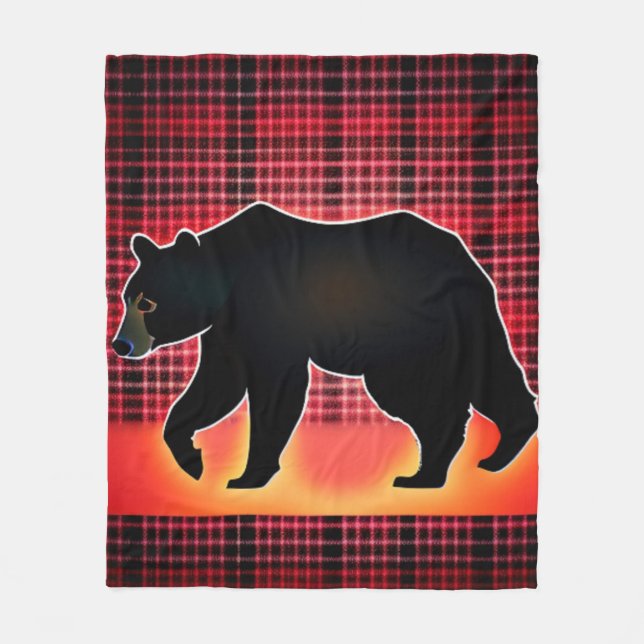 Black Bear Silhouette On Plaid Fleece Blanket (Front)