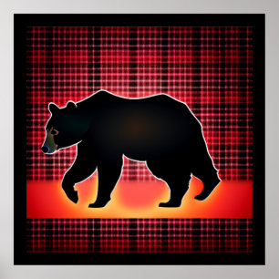 Black Bear Silhouette On Plaid Poster