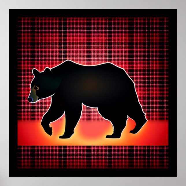 Black Bear Silhouette On Plaid Poster (Front)