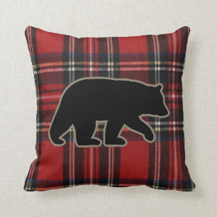 Black Bear Silhouette on Red Plaid Cushion