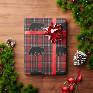 Black Bear Silhouettes Pattern on Plaid Wrapping Paper