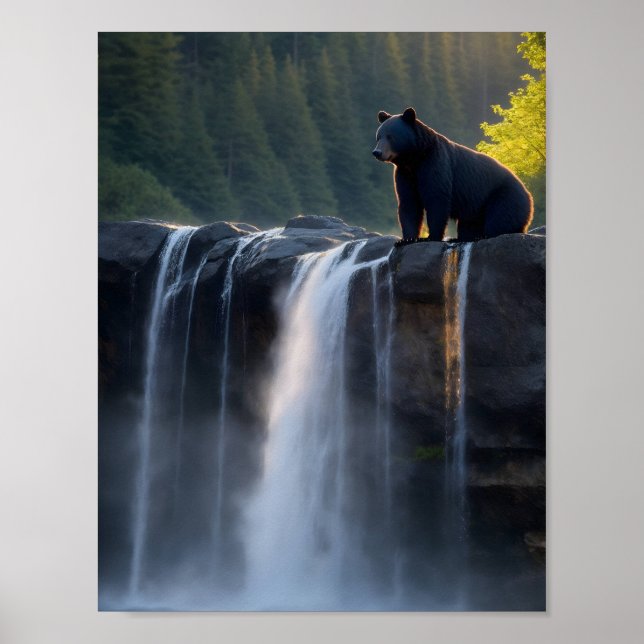 Black Bear sitting atop waterfall Poster (Front)