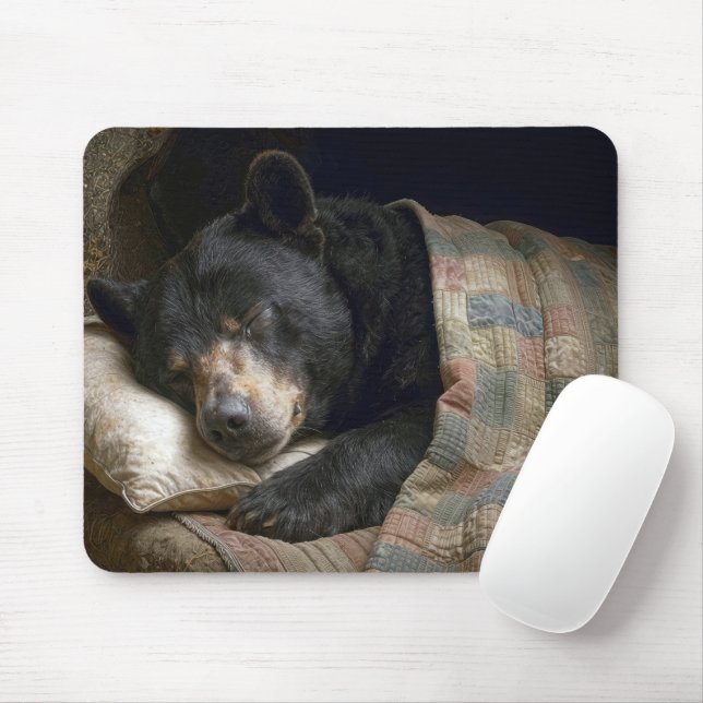 Black Bear Sleeping Under a Quilt Mouse Pad (With Mouse)