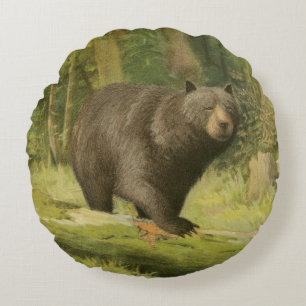 Black Bear Stepping on a Tree Trunk Round Cushion