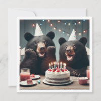 Black bears eating cake, bear birthday invitation