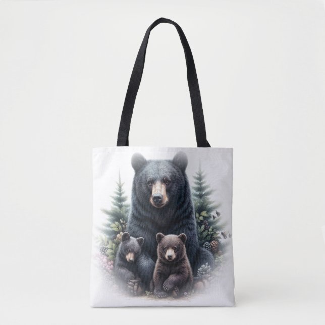 Black Bears in Forest Rustic Wildlife Tote Bag (Front)