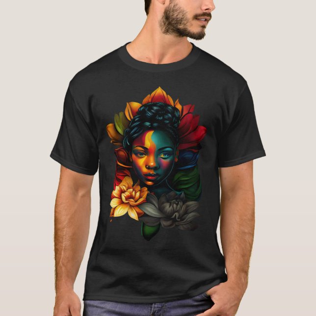 Black Beautiful African Melanin Woman Cute Lotus F T-Shirt (Front)
