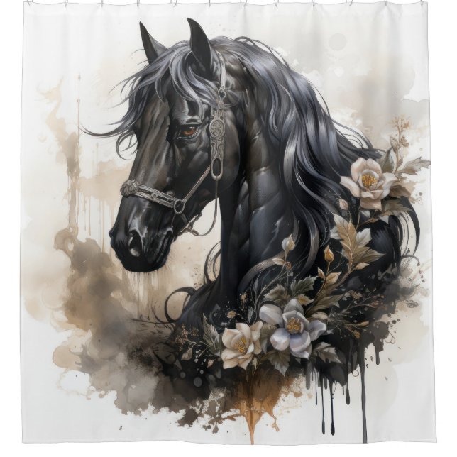 Black beauty horse portrait shower curtain (Front)