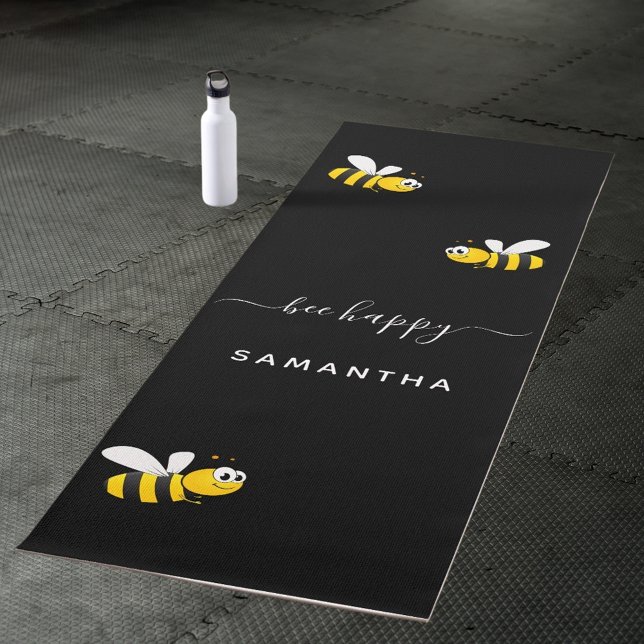 Black bee happy bumble bees summer fun humour name yoga mat (Creator Uploaded)