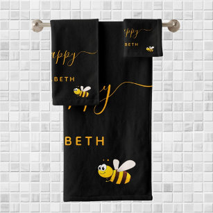Black bee happy bumble bees sweet honey monogram bath towel set