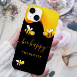 Black bee happy bumble bees sweet honey monogram Case-Mate iPhone 14 case<br><div class="desc">A chic black background decorated with golden dripping honey. The text: Bee Happy with a golden hand lettered style script with swashes.  Personalise and add your name.</div>