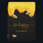 Black bee happy bumble bees sweet honey monogram iPad pro cover<br><div class="desc">A chic black background decorated with golden dripping honey. The text: Bee Happy with a golden hand lettered style script with swashes.  Personalise and add your name.</div>