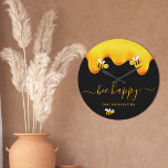 Black bee happy bumble bees sweet honey monogram large clock<br><div class="desc">A chic black background decorated with golden dripping honey. The text: Bee Happy with a golden hand lettered style script with swashes.  Personalise and add your name,  family name.</div>