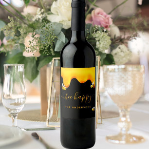 Black bee happy bumble bees sweet honey monogram sparkling wine label