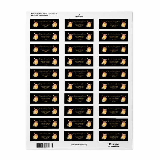 Black Bee Honey Label Metallic Gold Text  (Full Sheet)