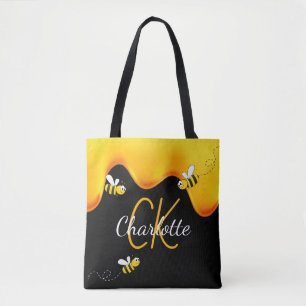 Black bees honey dripping monogram tote bag