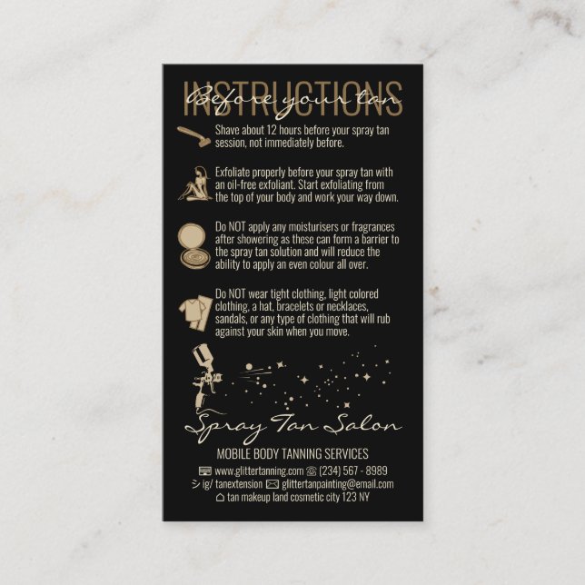 Black Before After Care Instruction Spray Tan Business Card (Front)