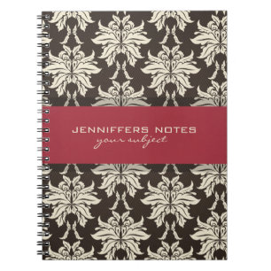 Black Beige And Burgundy Red Floral Damasks Spiral Notebook