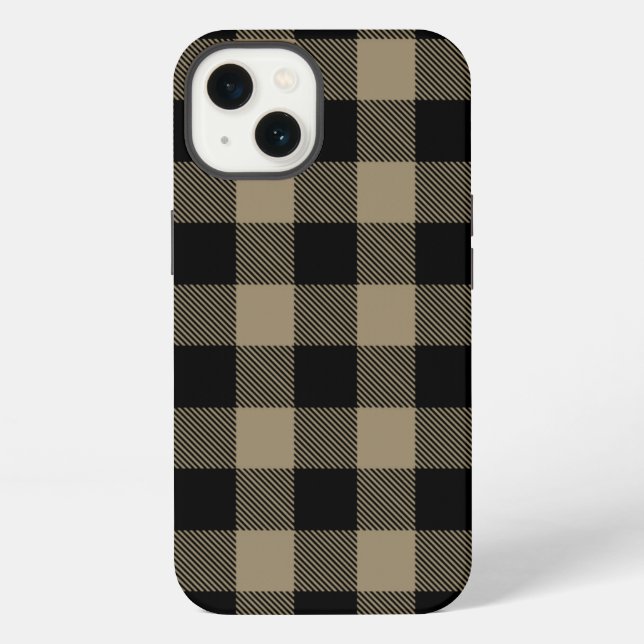 Black Beige Buffalo Plaid Check Pattern iPhone Case (Back)