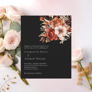 Black beige burnt orange floral wedding invitation