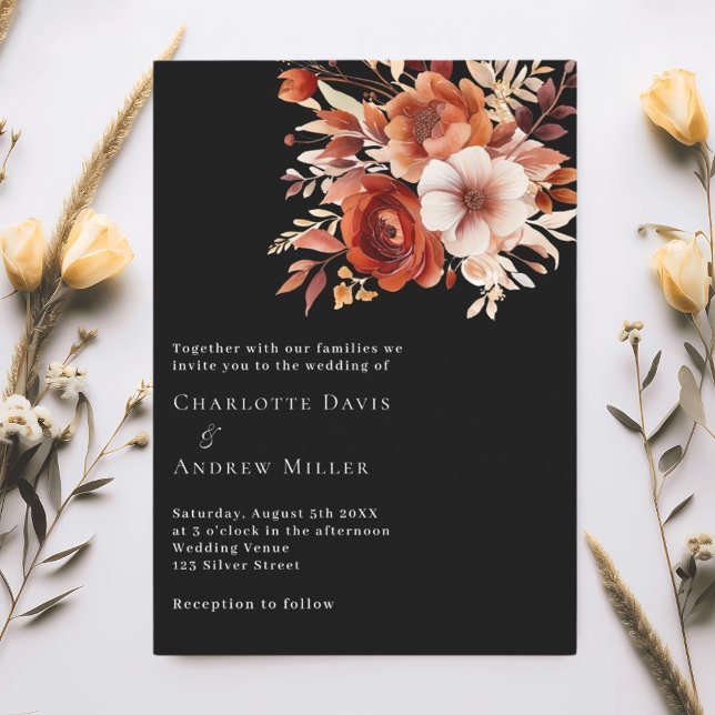 Black beige burnt orange florals wedding invitation (Creator Uploaded)