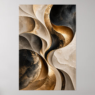 Black Beige Gold Flowing Curves Abstract Wall Art