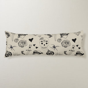 Black & Beige Hand Drawn Tattoo Pattern Body Cushion