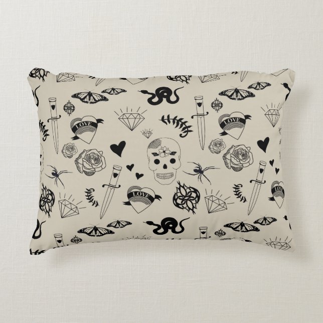 Black & Beige Hand Drawn Tattoo Pattern Decorative Cushion (Front)