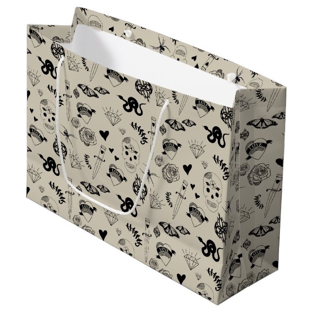 Black & Beige Hand Drawn Tattoo Pattern Large Gift Bag (Front Angled)
