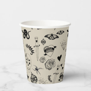 Black & Beige Hand Drawn Tattoo Pattern Paper Cups