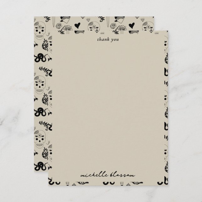 Black & Beige Hand Drawn Tattoo Pattern Thank You Card (Front/Back)