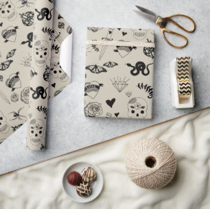 Black & Beige Hand Drawn Tattoo Pattern Wrapping Paper