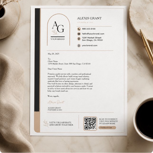 Black Beige Luxury QR Code Appointment Reminder Custom Letterhead (Black Beige Luxury QR Code Appointment Reminder Letterhead)