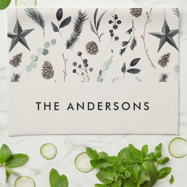 Black beige modern scandi elegant script Christmas Tea Towel (Folded)