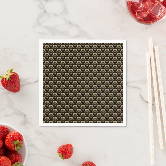 Black beige seamless vintage damask pattern napkin (Insitu)