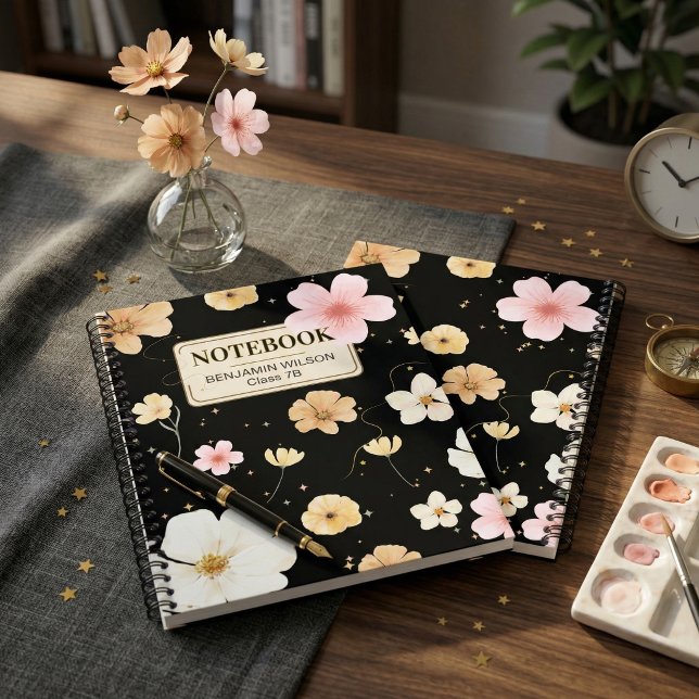 Black & Beige Watercolor Floral For Students   Notebook (Black & Beige Watercolor Floral Spiral Notebook for Students & Creatives
)