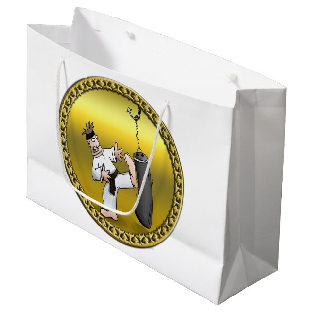 Black belt karate man kicking a black training bag (Front Angled)