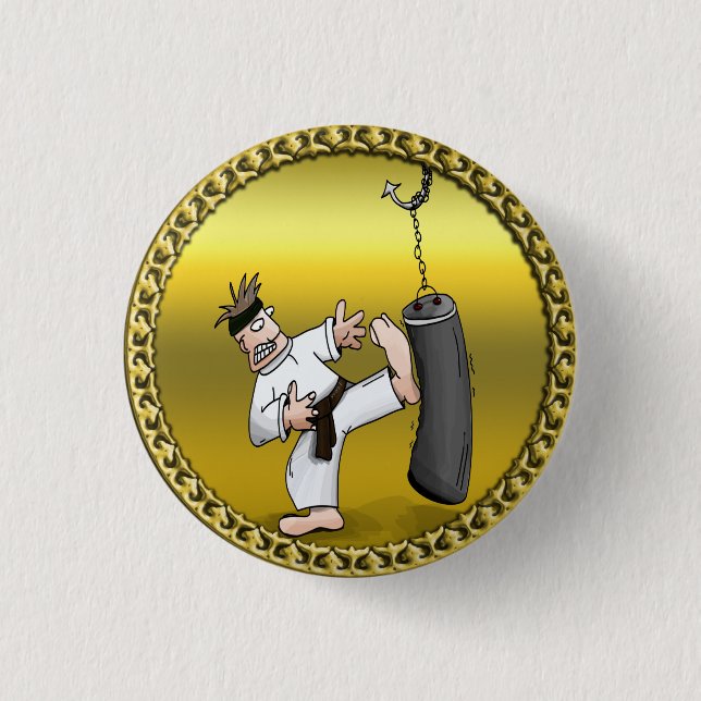 Black belt karate man kicking a black training bag 3 cm round badge (Front)