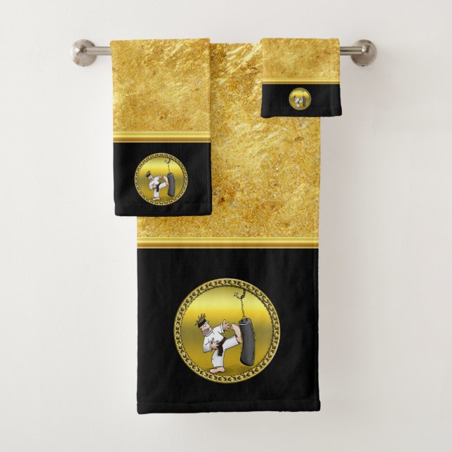 Black belt karate man kicking a black training bag bath towel set (Insitu)