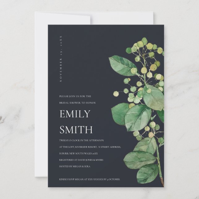 BLACK BERRY LEAVES FOLIAGE BRIDAL SHOWER INVITE (Front)