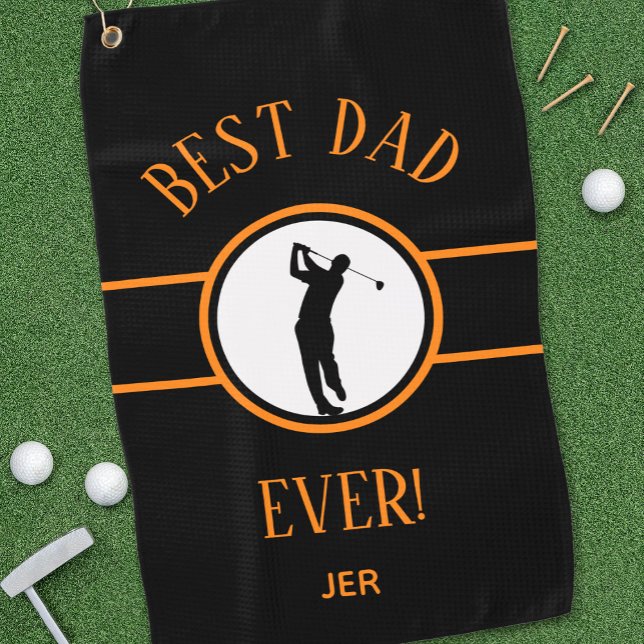 Black Best Dad Ever Golfer Sports Monogram Orange Golf Towel (Creator Uploaded)