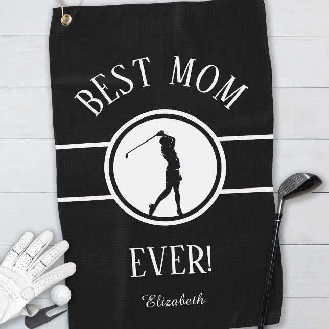 Black Best Mum Ever Golfer Sports Monogram Womens Golf Towel (Creator Uploaded)