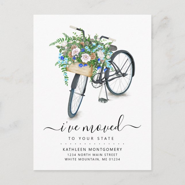 Black Bicycle Blue Floral Basket Moving Announcement Postcard (Front)