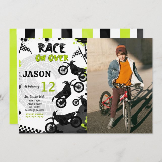Black Bike Birthday Photo Invitation  (Front/Back)