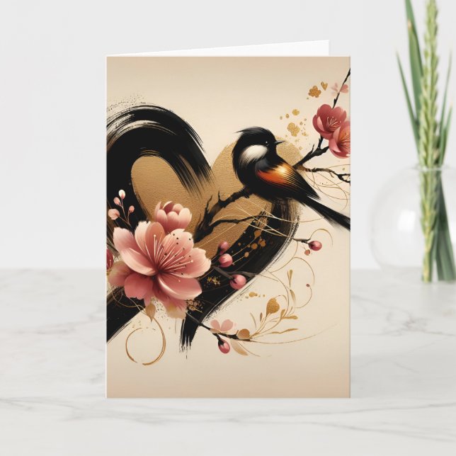 Black Bird and Cherry Blossom Heart Card (Front)