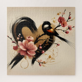Black Bird and Cherry Blossom Heart Jigsaw Puzzle
