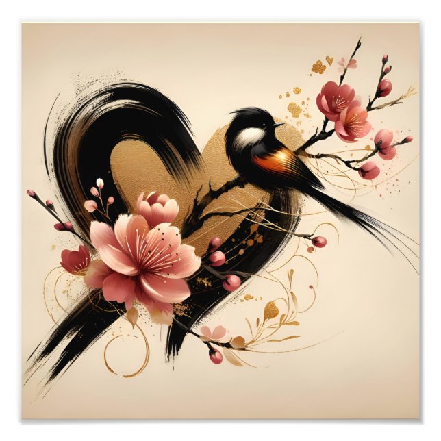Black Bird and Cherry Blossom Heart Photo Print (Front)