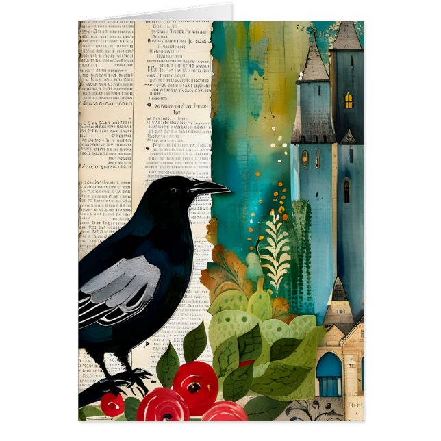 Black Bird Collage Vintage Style Blank Inside Card (Front)