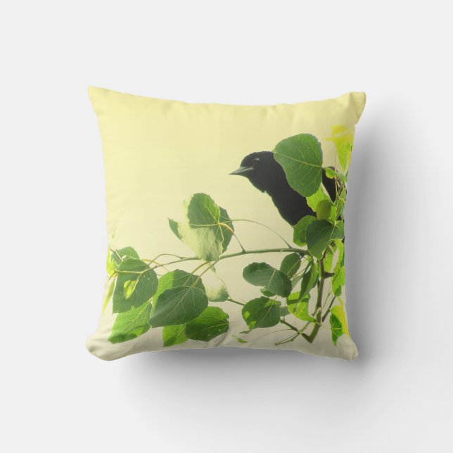 Black Bird Green Leaves on Yellow Outdoor Pillow (Front)