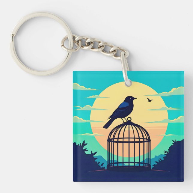 Black Bird in Empty Cage on Hill Silhouetted Again Key Ring (Front)